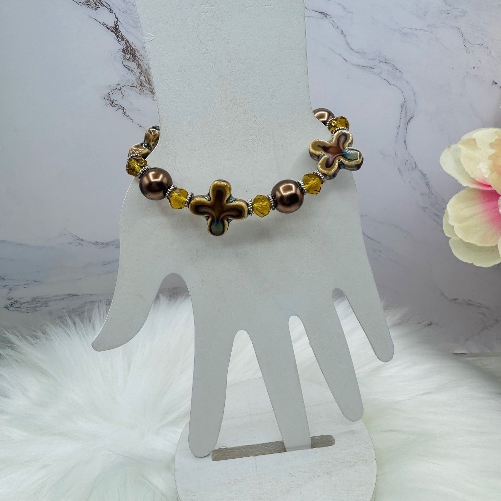 Floral Shaped Stone Beaded Bracelet Mustard Yellow Brown